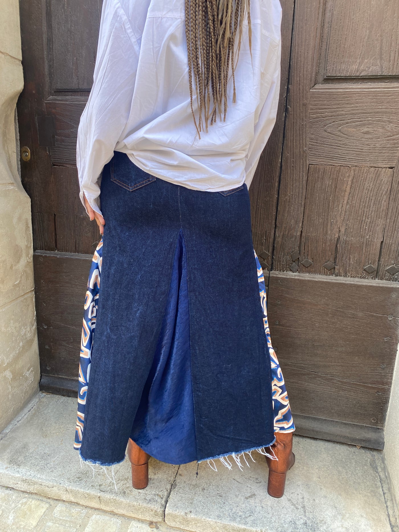 ADELINE - JUPE LONGUE JEANS UPCYCLéE 2 TISSUS