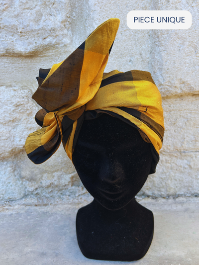 TURBAN ELYA - TISSU TAFFETA CARREAUX JAUNE NOIR