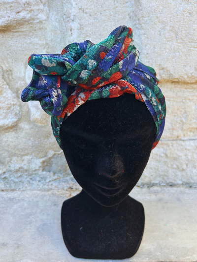 TURBAN LISA - TISSU LUREX BLEU NUIT FLEURS