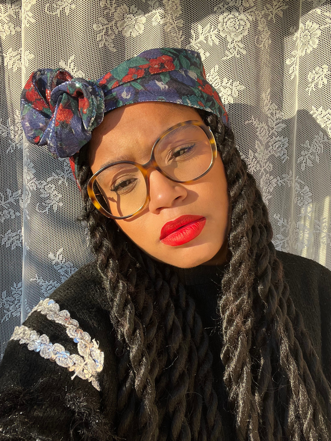 TURBAN LISA - TISSU LUREX BLEU NUIT FLEURS