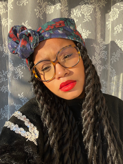 TURBAN LISA - TISSU LUREX BLEU NUIT FLEURS