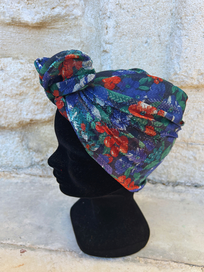 TURBAN LISA - TISSU LUREX BLEU NUIT FLEURS