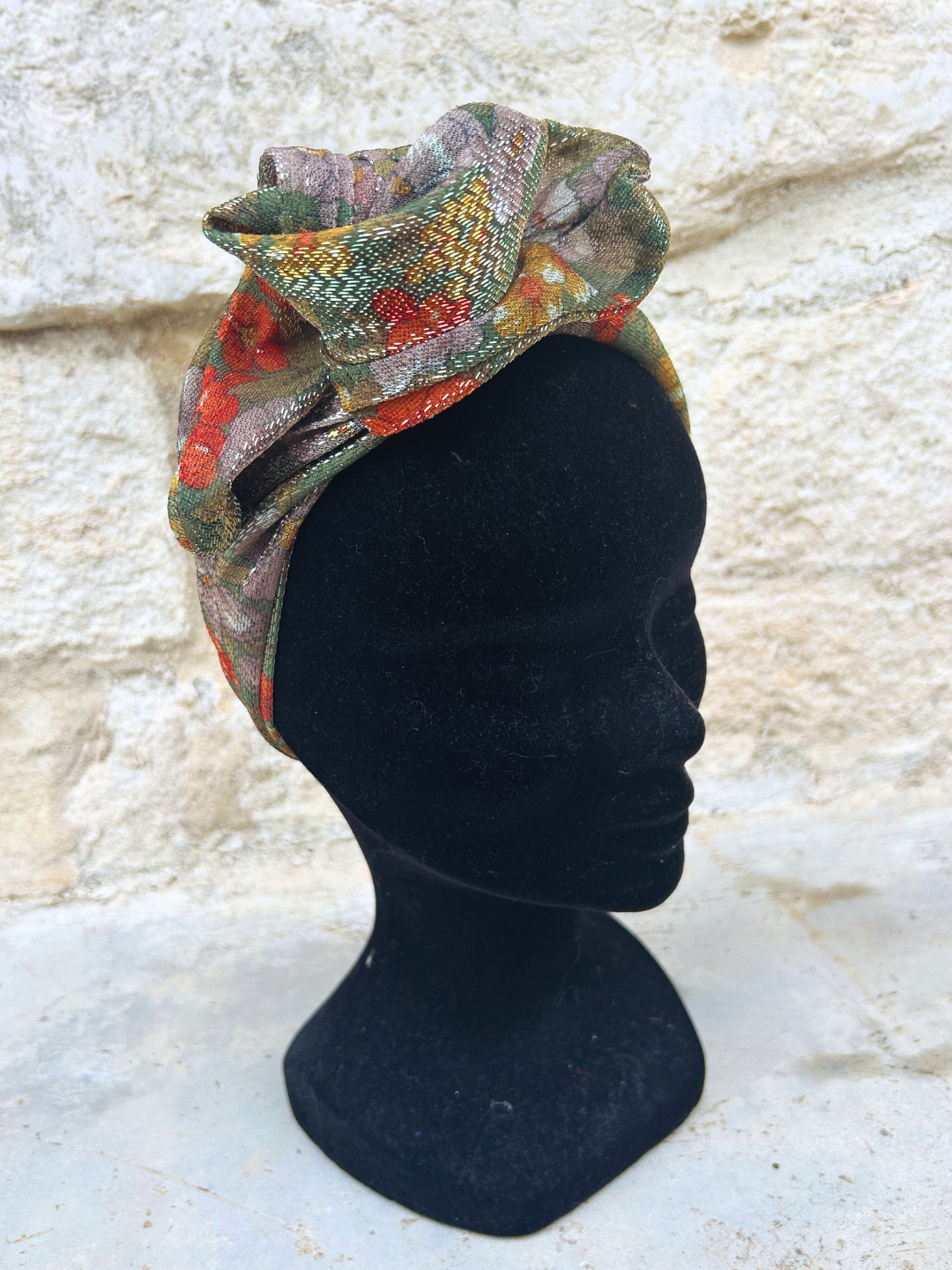 BANDEAU ARIA - TISSU LUREX KAKI FLEUR ORANGE