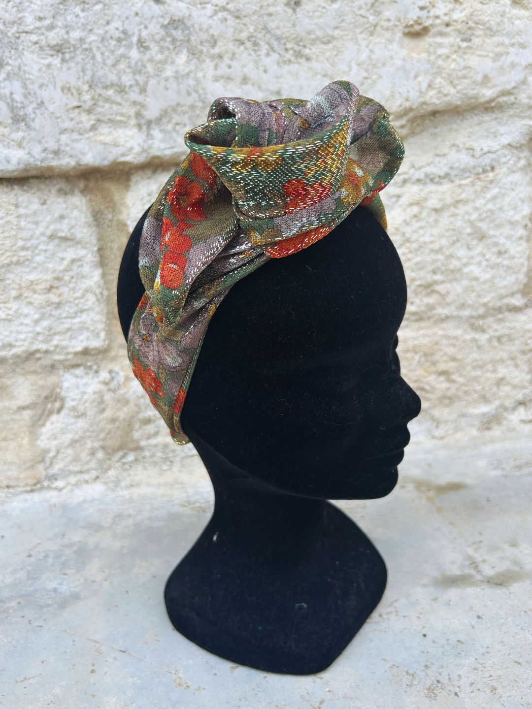 BANDEAU ARIA - TISSU LUREX KAKI FLEUR ORANGE