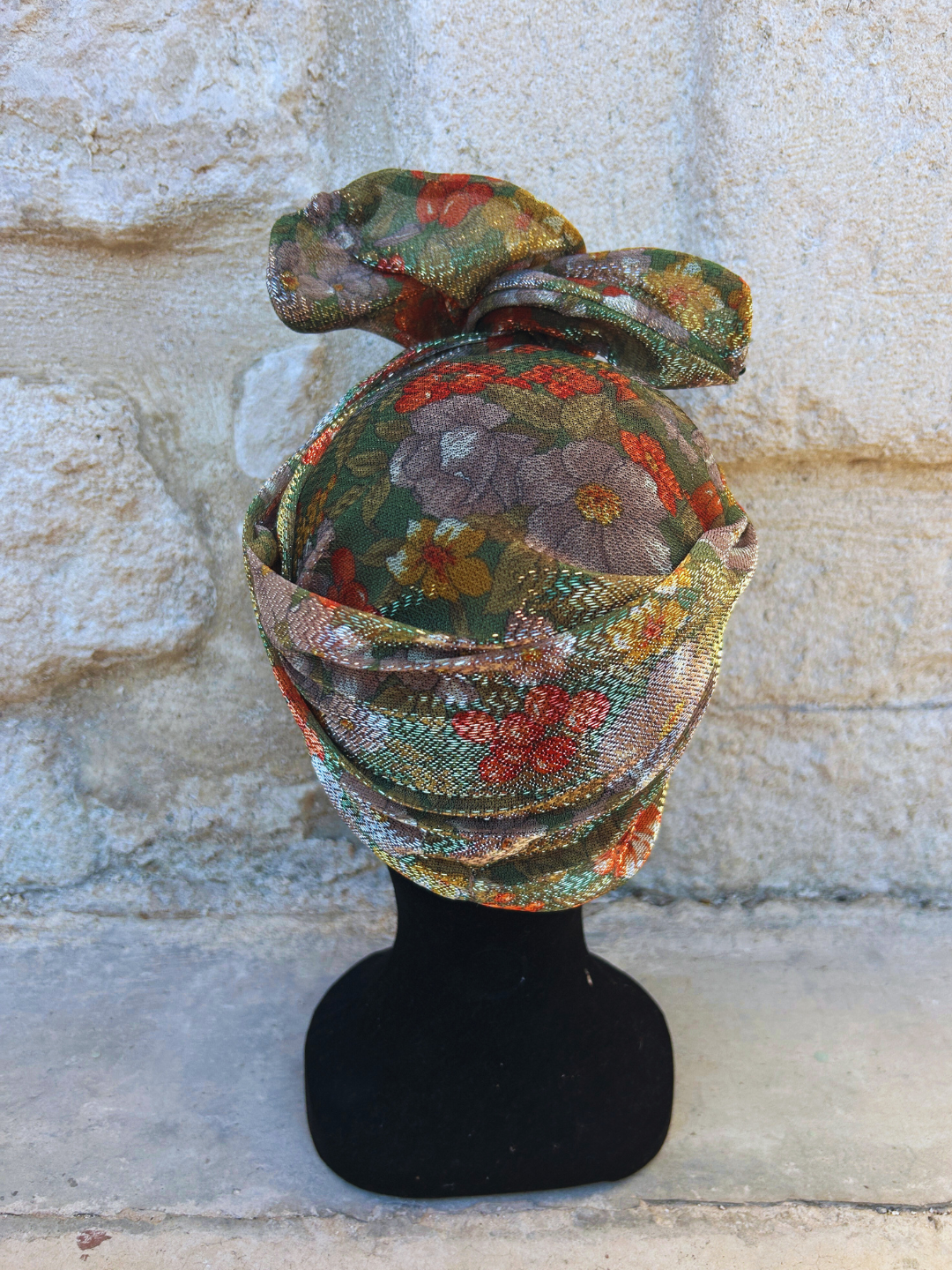 TURBAN ARIA - TISSU LUREX KAKI FLEUR ORANGE