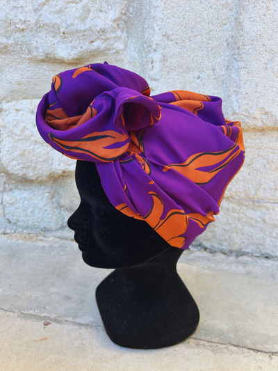 TURBAN CAMILIA - TISSU SATIN VIOLET ET ORANGE