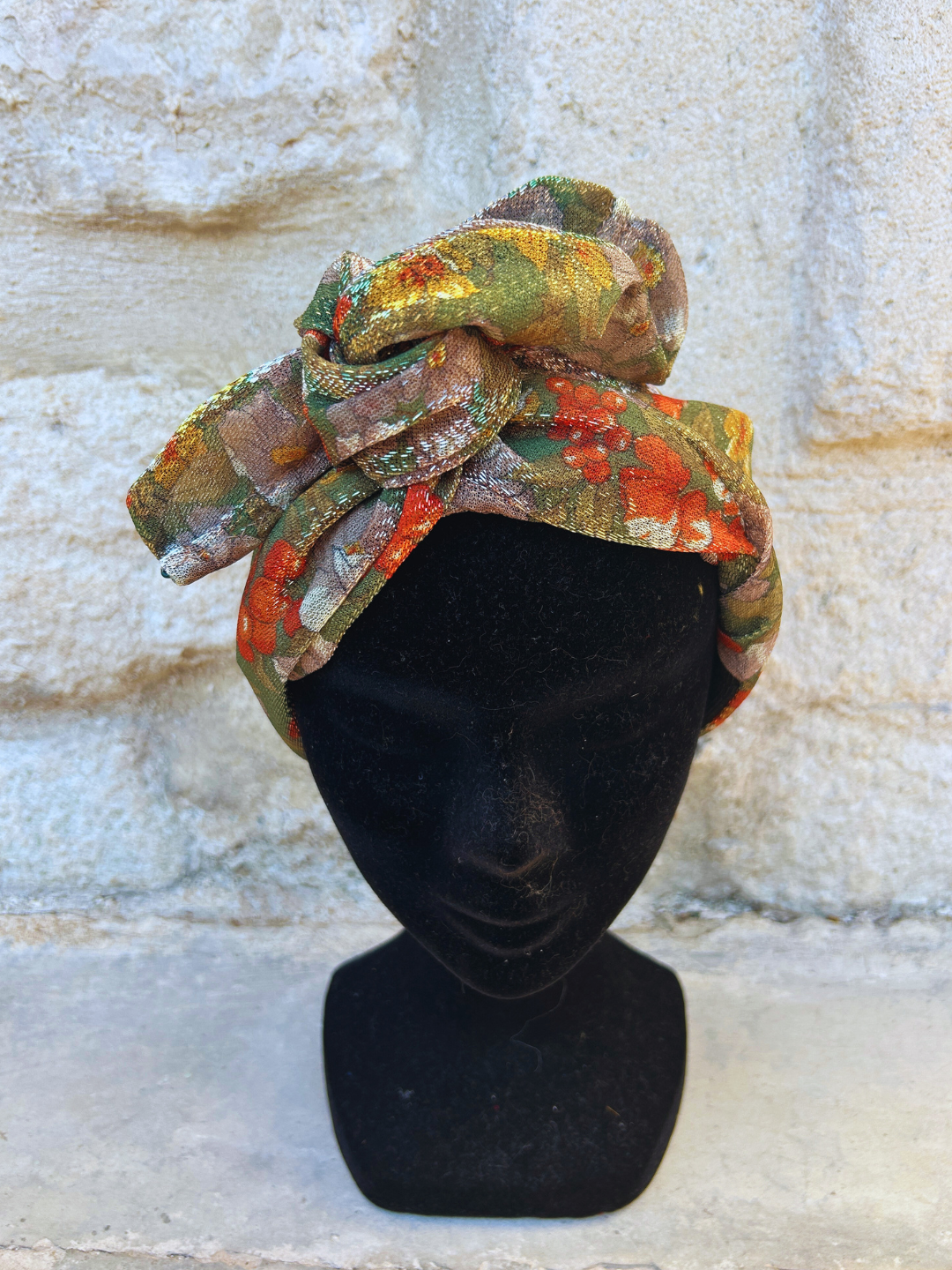 TURBAN ARIA - TISSU LUREX KAKI FLEUR ORANGE