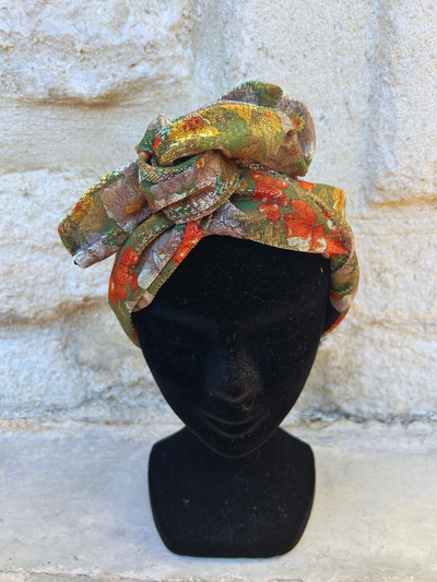 TURBAN ARIA - TISSU LUREX KAKI FLEUR ORANGE