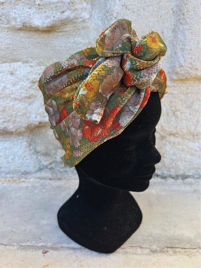 TURBAN ARIA - TISSU LUREX KAKI FLEUR ORANGE