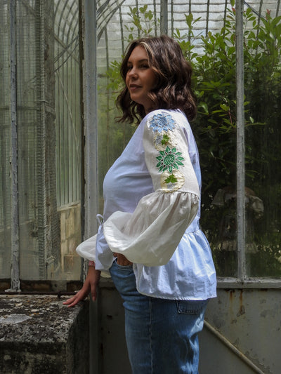 APOLLINE TWO - BLOUSE LACET MANCHES BALLONS LONGUES UPCYCLEE BRODERIE TISSU MAISON