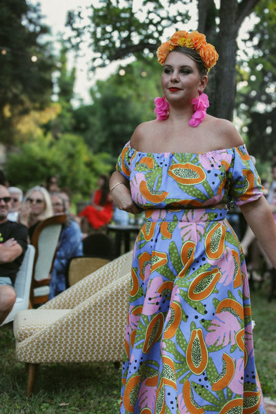 LOUISA - ENSEMBLE TOP BARDOT ET JUPE MIDI TAILLE HAUTE