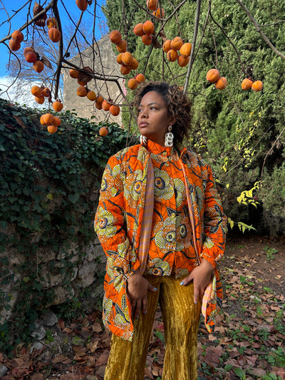 AMINATA - DOUDOUNE TISSU WAX ORANGE INTERIEUR RAYURE