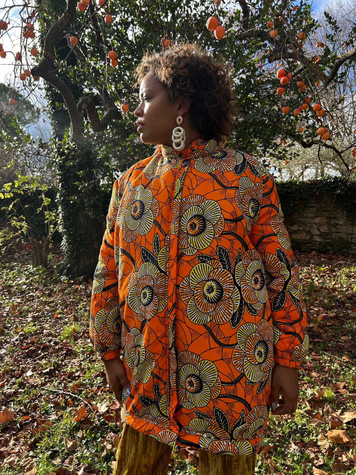 AMINATA - DOUDOUNE TISSU WAX ORANGE INTERIEUR RAYURE