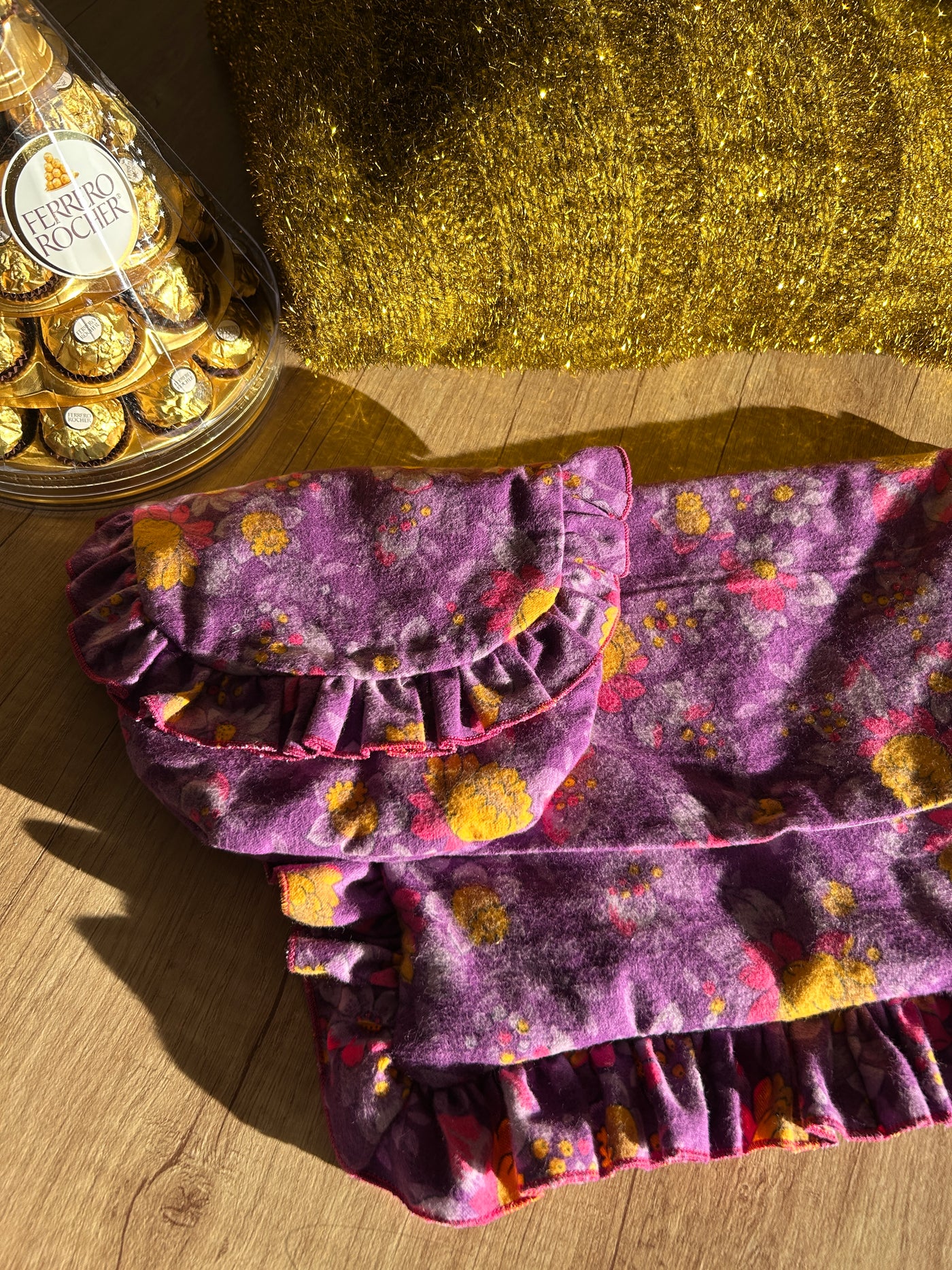 SAC POCHETTE ET PORTEFEUILLE - TISSU VIOLET FLEURS