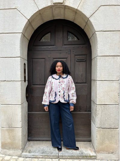 CLEMENTINE TWO - VESTE MATELASSéE UPCYCLING COUVERTURE MANCHES BALLONS DETAIL FROUFROUS JEANS